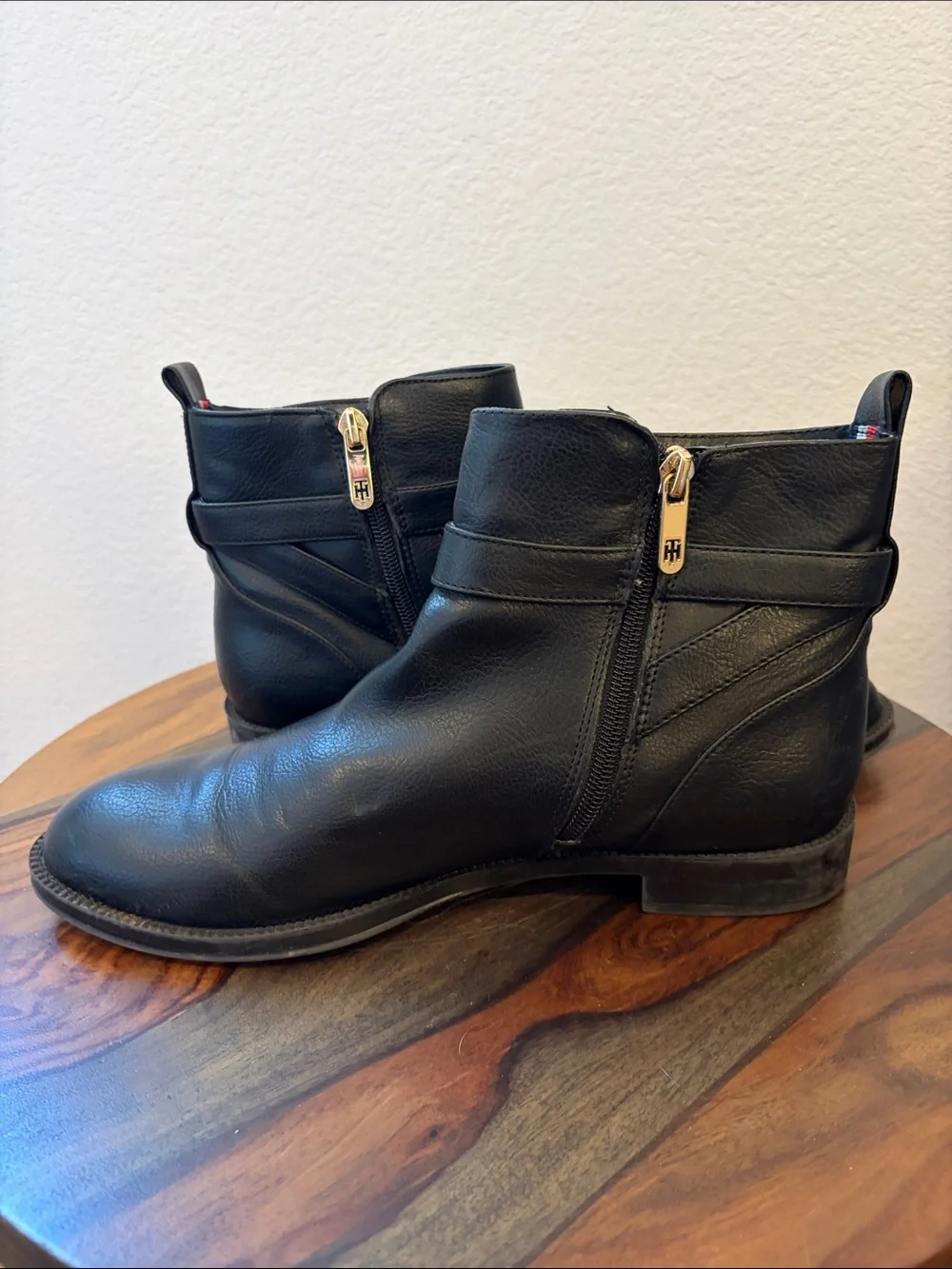 Tommy Hilfiger Black Faux Leather Booties with Gold Hardware